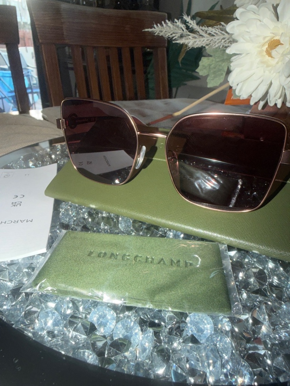 Longchamp Rose Gold Frame Sunglasses with Dark Rose Lenses